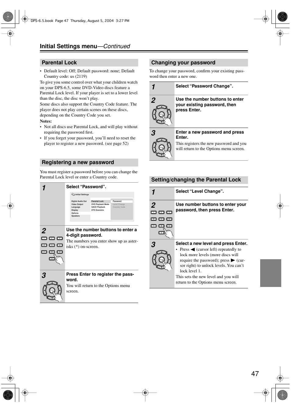 Initial settings menu —continued, Parental lock registering a new password, Changing your password | Setting/changing the parental lock | Integra DPS-6.5 User Manual | Page 47 / 64