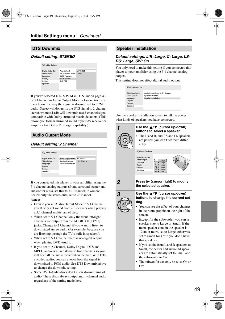 Initial settings menu —continued, Dts downmix audio output mode, Speaker installation | Default setting: stereo, Default setting: 2 channel | Integra DPS-6.5 User Manual | Page 49 / 64