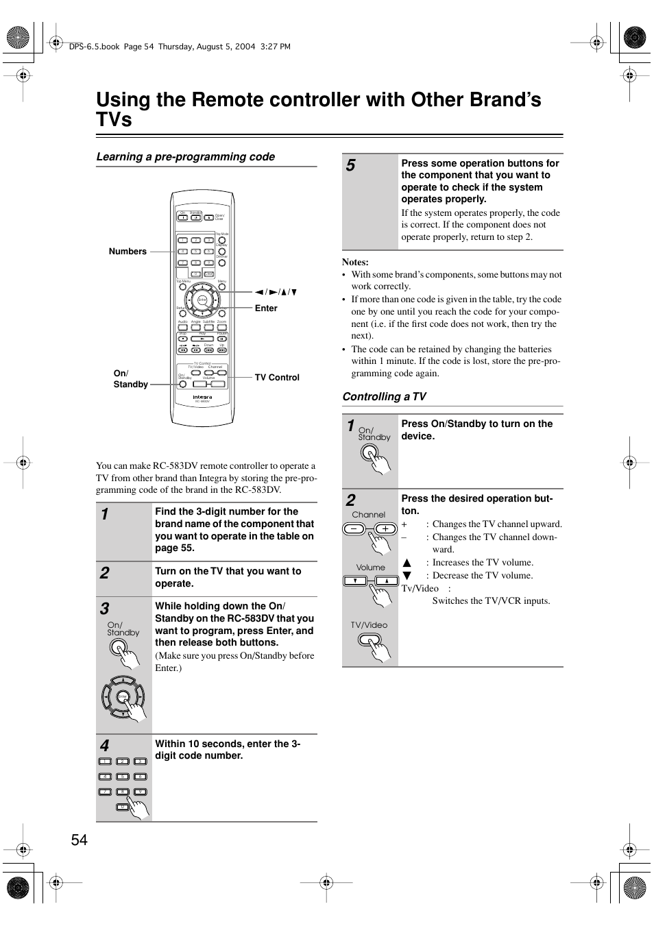 Using the remote controller with other brand’s tvs, Learning a pre-programming code, Controlling a tv | Integra DPS-6.5 User Manual | Page 54 / 64