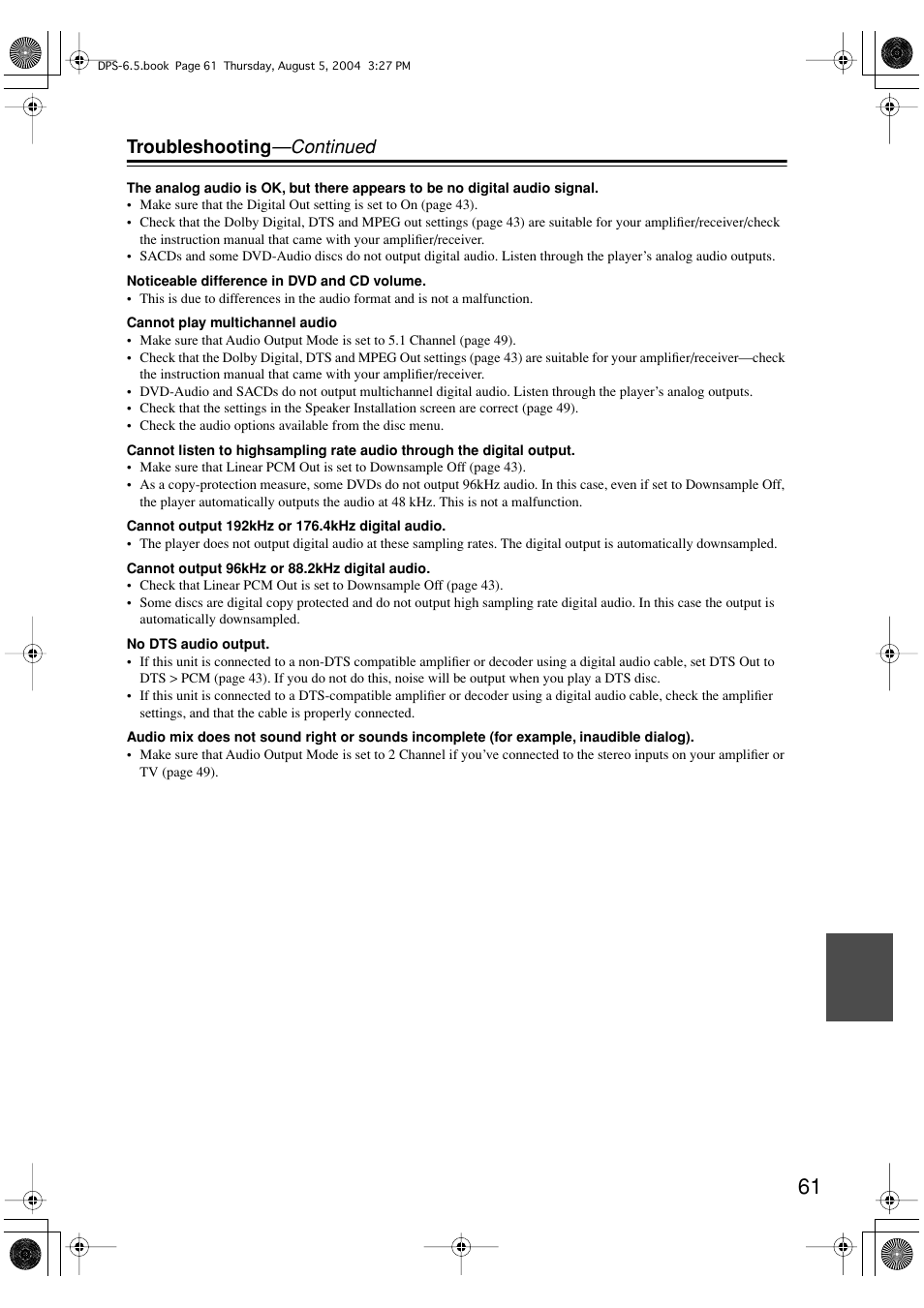 Troubleshooting —continued | Integra DPS-6.5 User Manual | Page 61 / 64