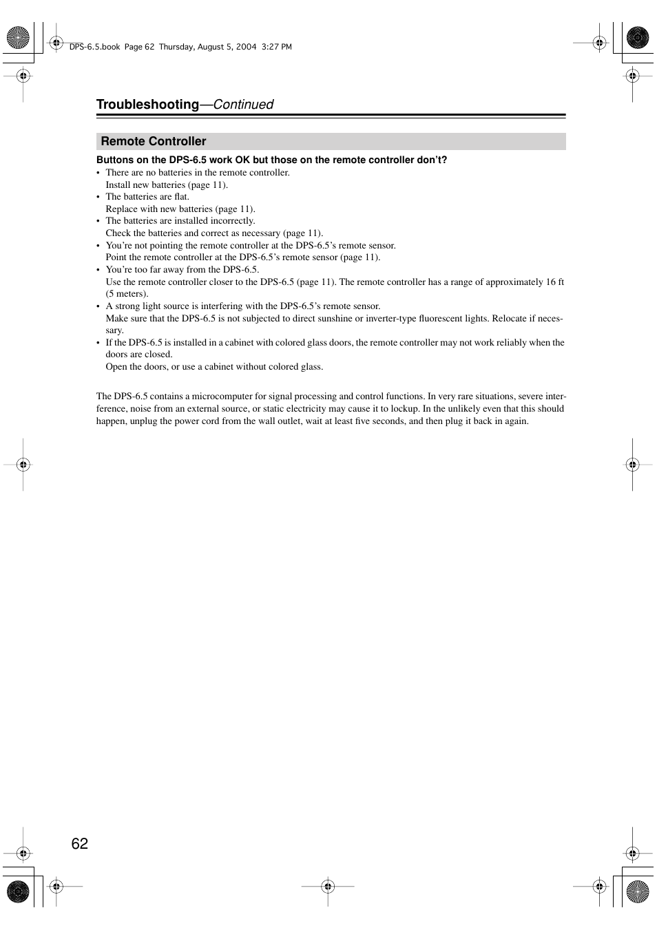 Troubleshooting —continued | Integra DPS-6.5 User Manual | Page 62 / 64
