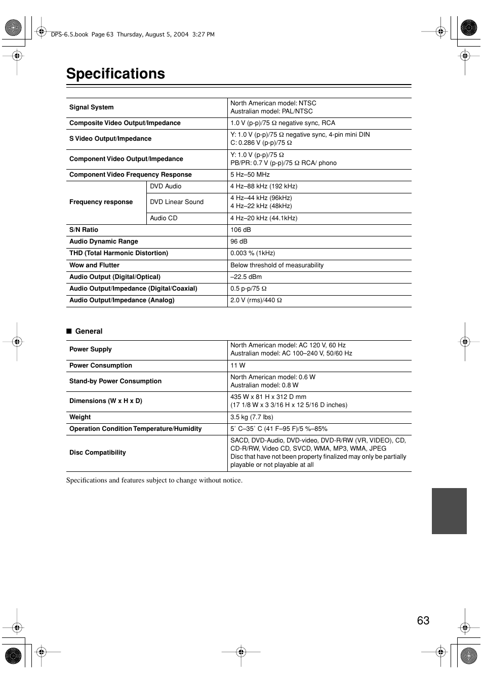 Specifications | Integra DPS-6.5 User Manual | Page 63 / 64