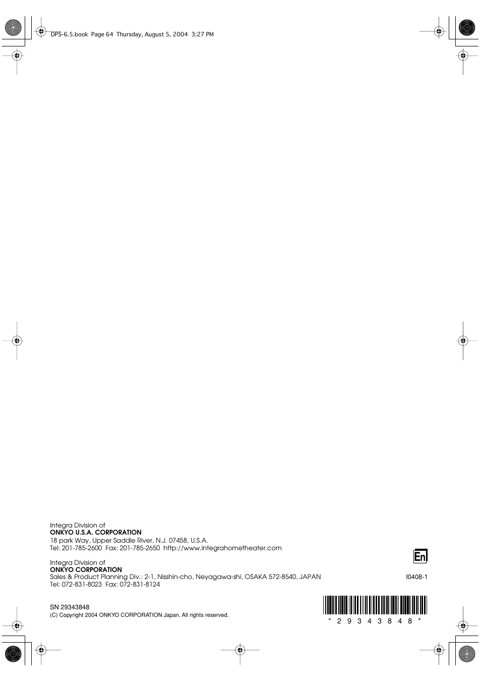 Integra DPS-6.5 User Manual | Page 64 / 64