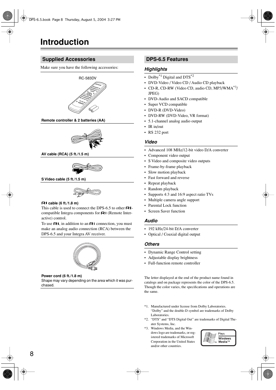 Introduction | Integra DPS-6.5 User Manual | Page 8 / 64