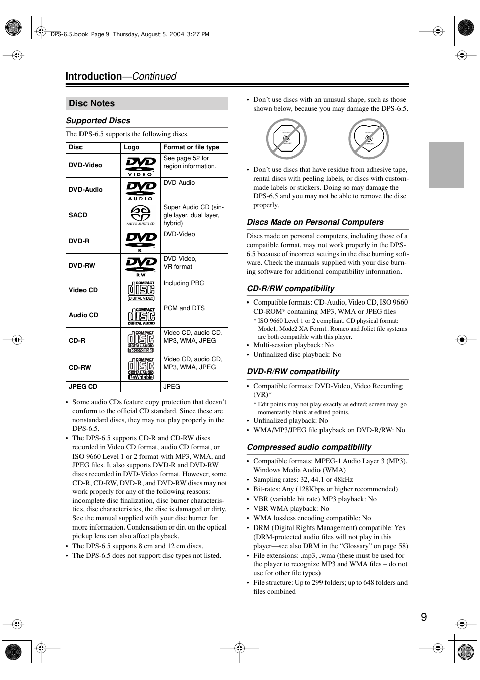 Introduction —continued | Integra DPS-6.5 User Manual | Page 9 / 64