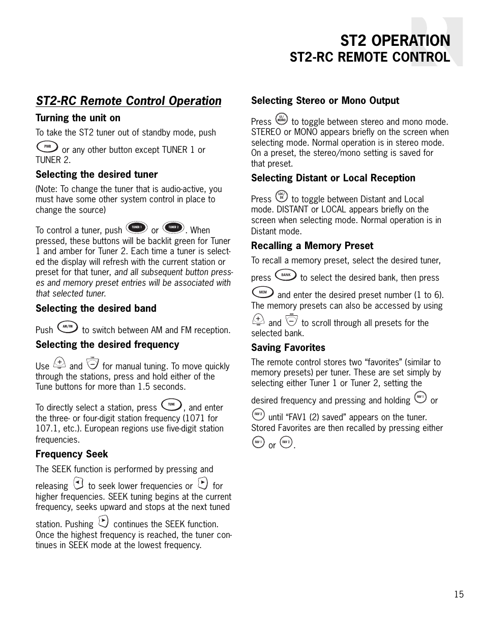 St2 operation, St2-rc remote control, St2-rc remote control operation | Integra ST2 User Manual | Page 15 / 28