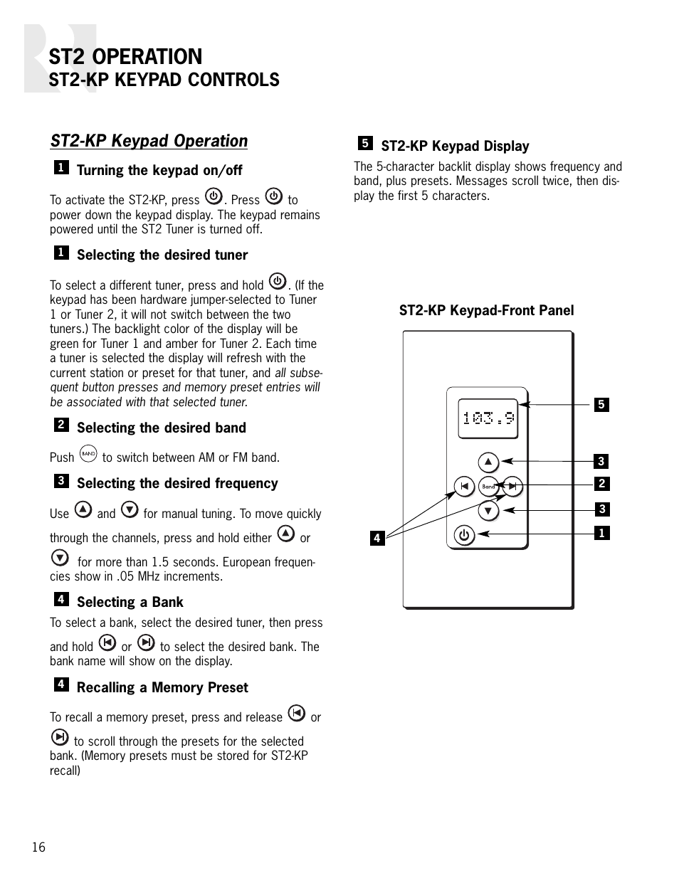 St2 operation, St2-kp keypad controls, St2-kp keypad operation | Integra ST2 User Manual | Page 16 / 28