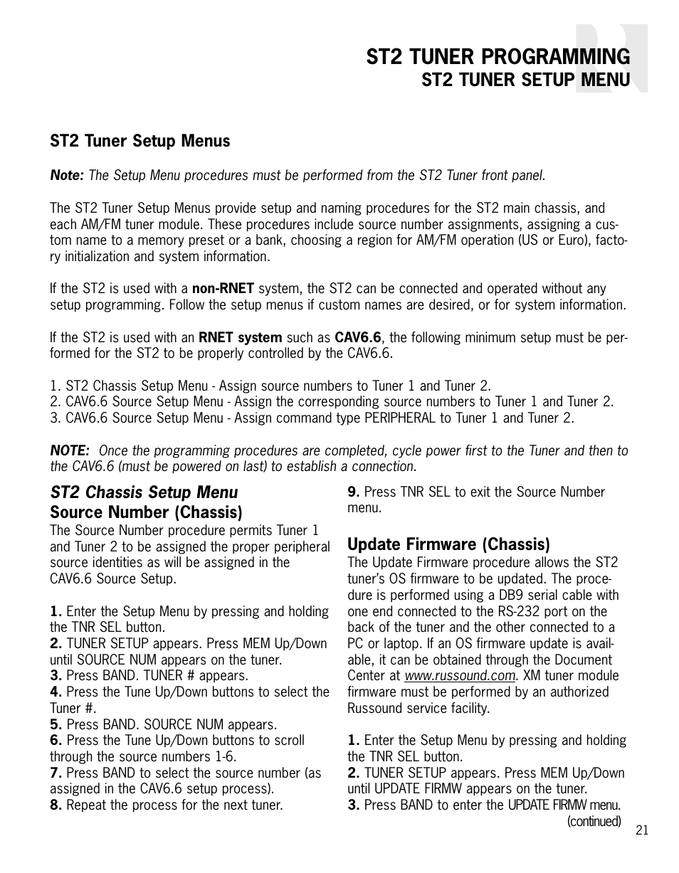 St2 tuner programming, St2 tuner setup menu, St2 tuner setup menus | St2 chassis setup menu source number (chassis), Update firmware (chassis) | Integra ST2 User Manual | Page 21 / 28