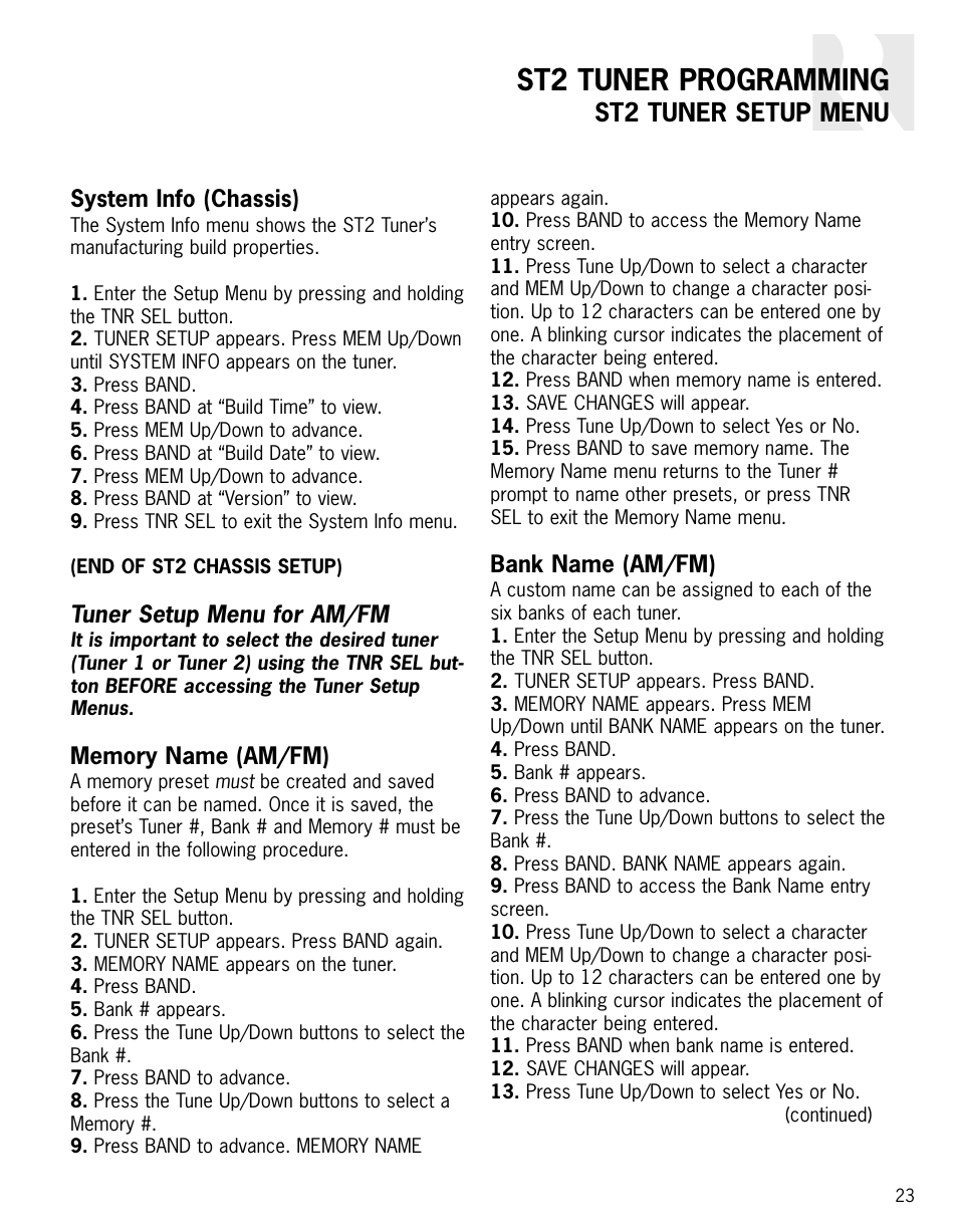St2 tuner programming, St2 tuner setup menu, System info (chassis) | Tuner setup menu for am/fm, Bank name (am/fm) | Integra ST2 User Manual | Page 23 / 28