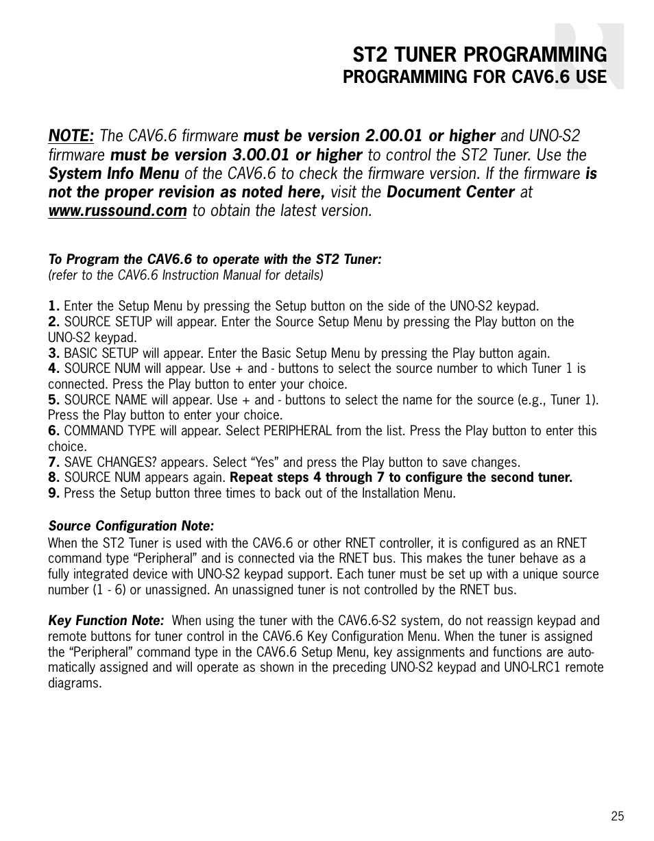 St2 tuner programming, Programming for cav6.6 use | Integra ST2 User Manual | Page 25 / 28