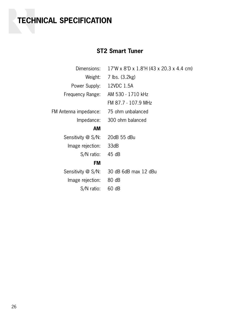 Technical specification, St2 smart tuner | Integra ST2 User Manual | Page 26 / 28