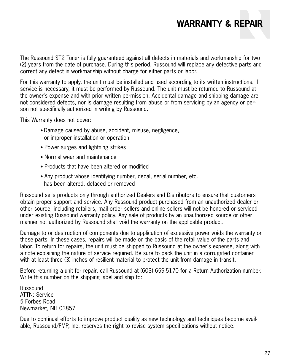 Warranty & repair | Integra ST2 User Manual | Page 27 / 28