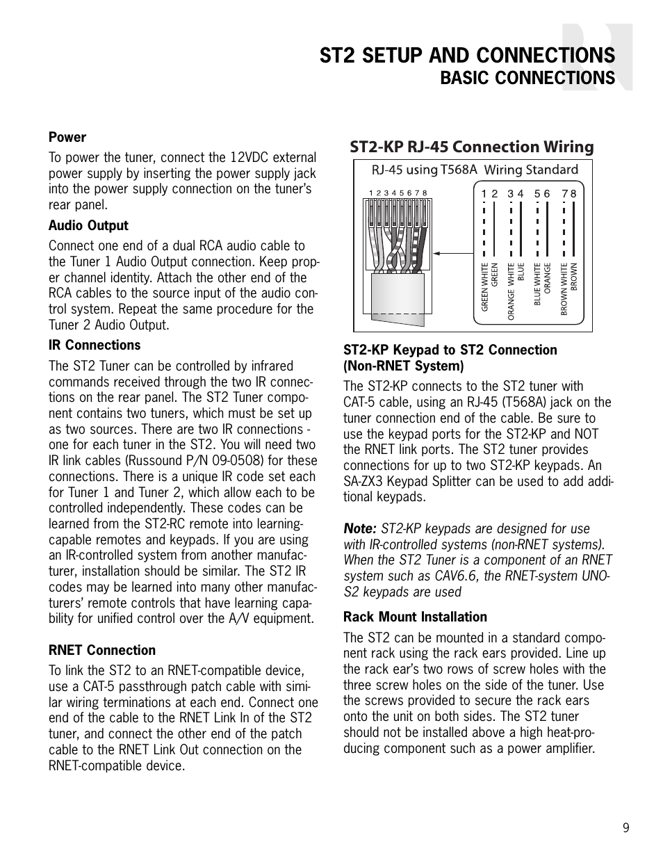 St2 setup and connections, Basic connections, St2-kp rj-45 connection wiring | Integra ST2 User Manual | Page 9 / 28