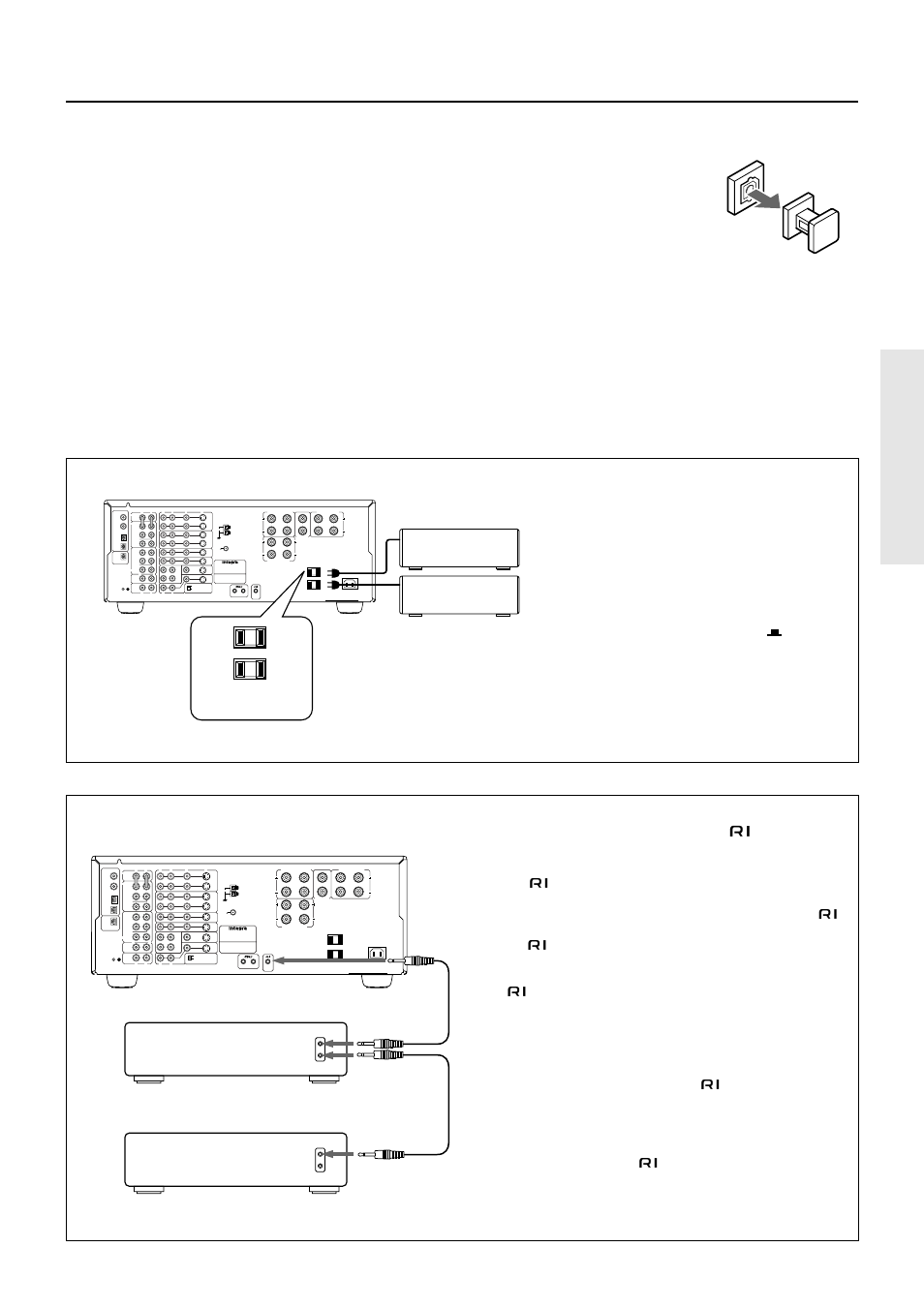 Ac outlet connection, Connections for remote control (z), 7audio equipment connections | Connections for remote control ( z ), Remote control remote local in dvd, Multi channel input multi source out, Av receiver, 6 ohms min. / speaker, Am fm 75 | Integra DTR-7 User Manual | Page 7 / 64
