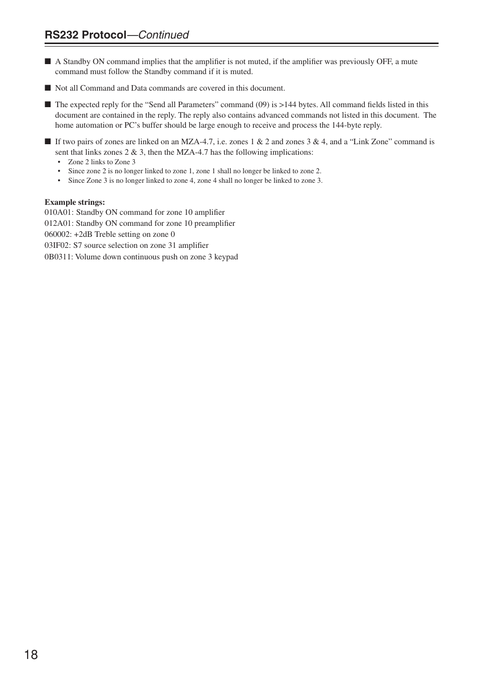 Rs232 protocol —continued | Integra MZA-4.7 User Manual | Page 18 / 28