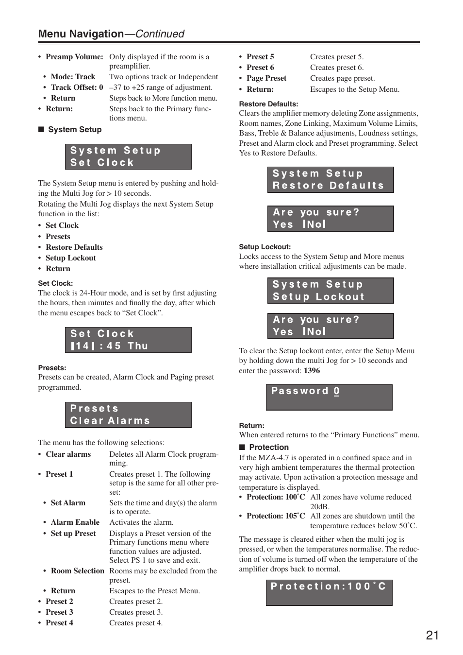 Menu navigation —continued | Integra MZA-4.7 User Manual | Page 21 / 28