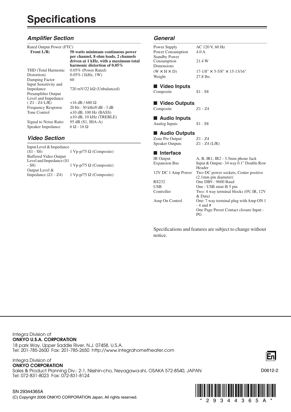 Specifications | Integra MZA-4.7 User Manual | Page 28 / 28