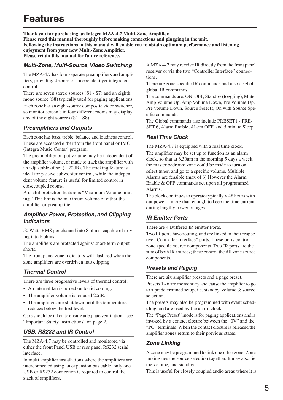 Features | Integra MZA-4.7 User Manual | Page 5 / 28
