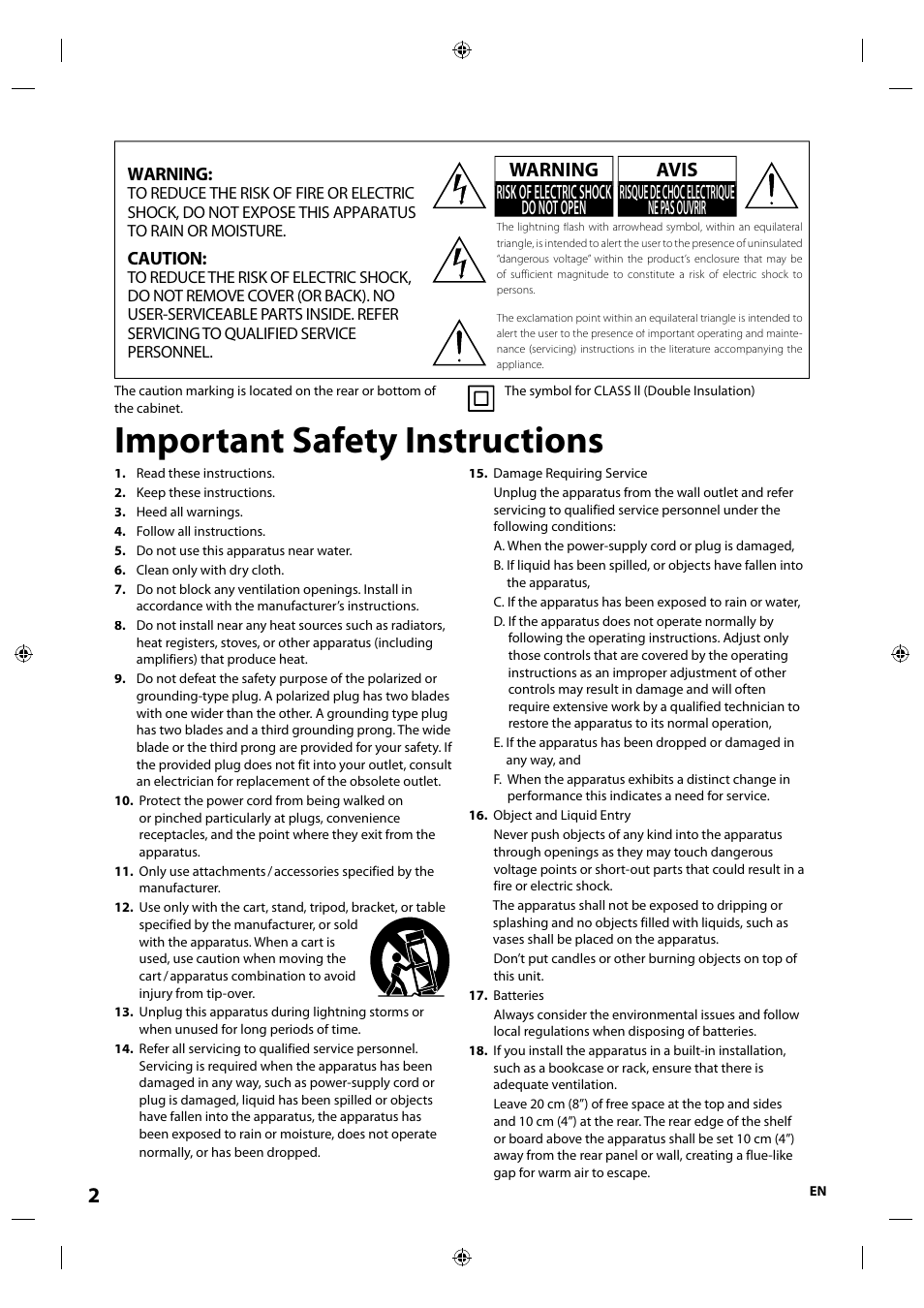 Important safety instructions, Warning, Caution | Integra E5SF1UD User Manual | Page 2 / 64