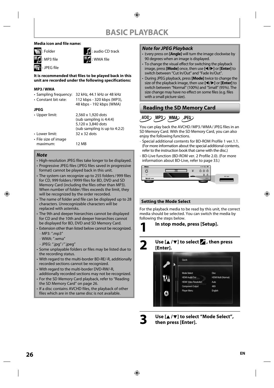 Reading the sd memory card, Basic playback | Integra E5SF1UD User Manual | Page 26 / 64