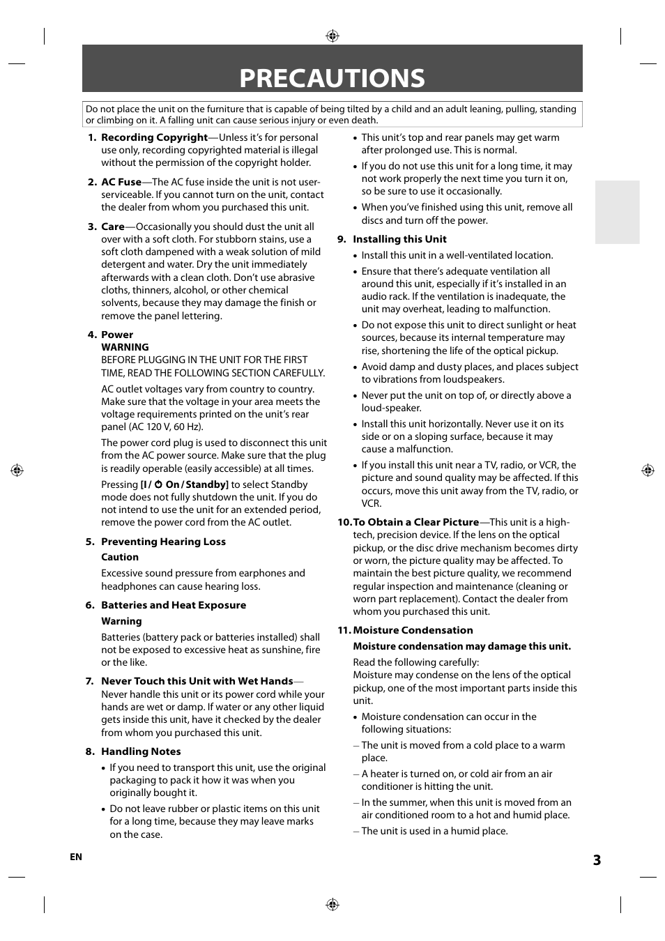 Precautions | Integra E5SF1UD User Manual | Page 3 / 64