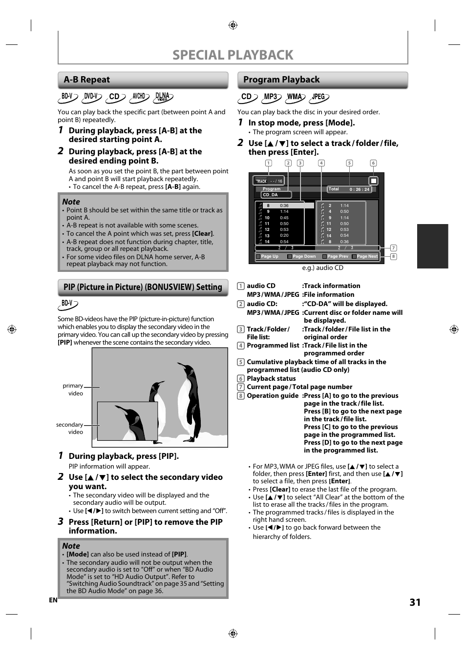 A-b repeat, Pip (picture in picture) (bonusview) setting, Program playback | Special playback, During playback, press [pip | Integra E5SF1UD User Manual | Page 31 / 64