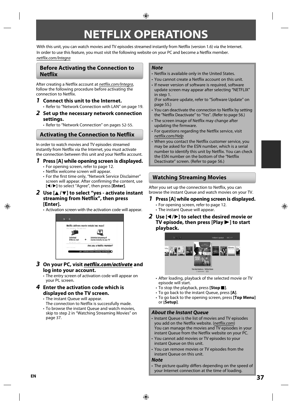 Netflix operations, Before activating the connection tonetflix, Activating the connection to netflix | Watching streaming movies | Integra E5SF1UD User Manual | Page 37 / 64