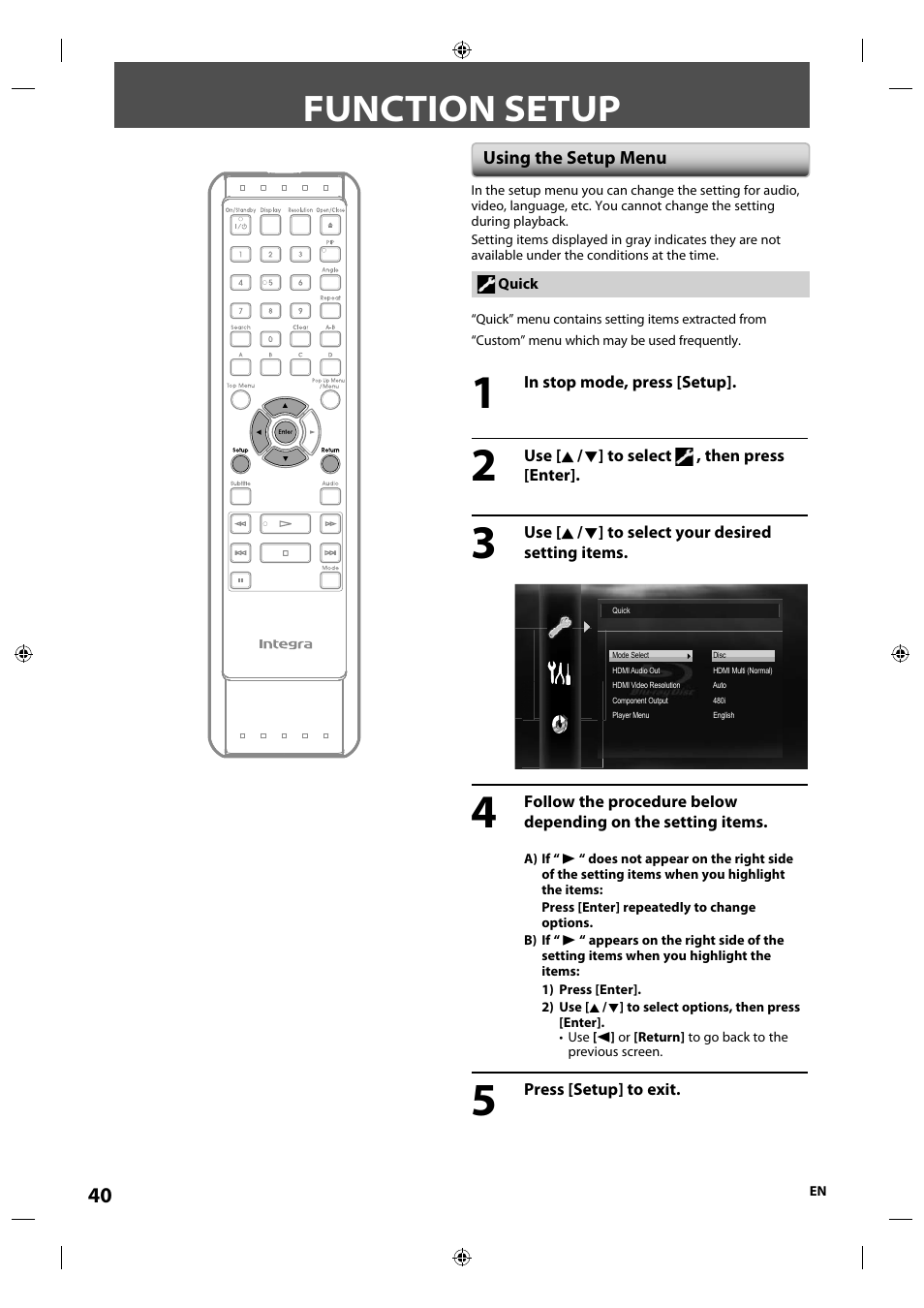 Function setup, Using the setup menu | Integra E5SF1UD User Manual | Page 40 / 64
