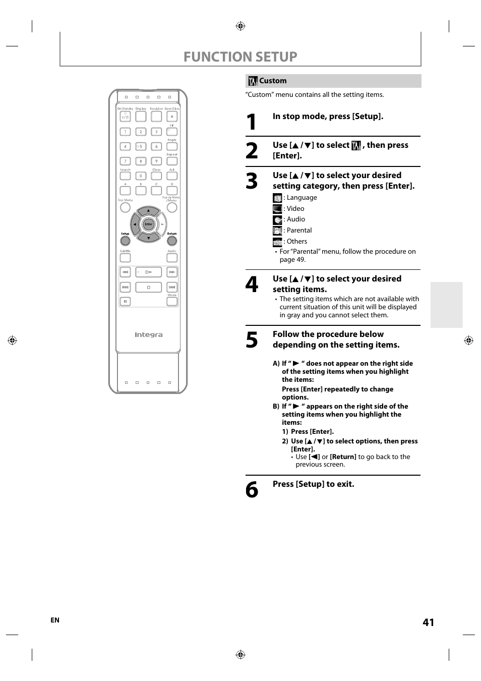 Function setup | Integra E5SF1UD User Manual | Page 41 / 64