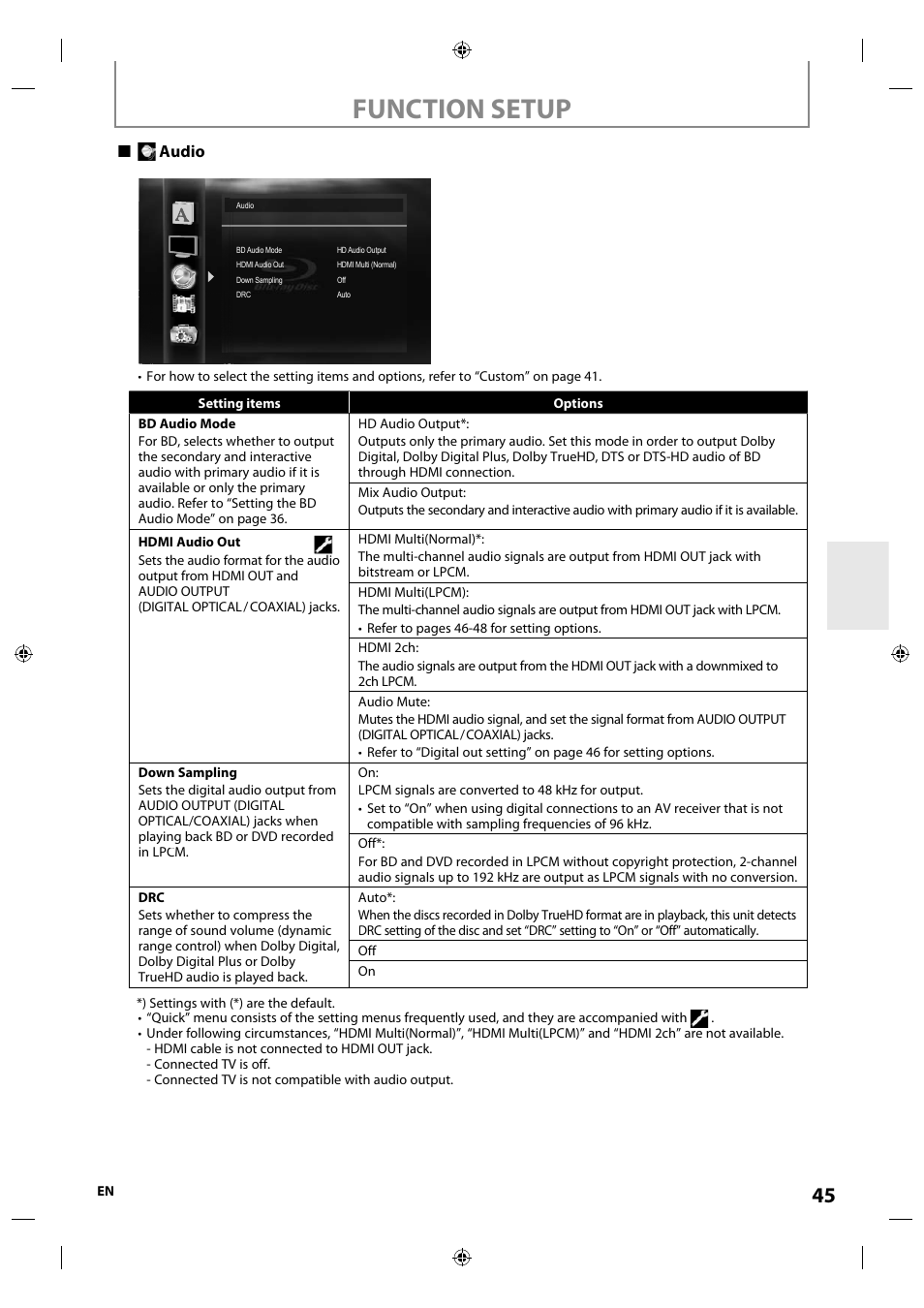 Function setup, Audio | Integra E5SF1UD User Manual | Page 45 / 64
