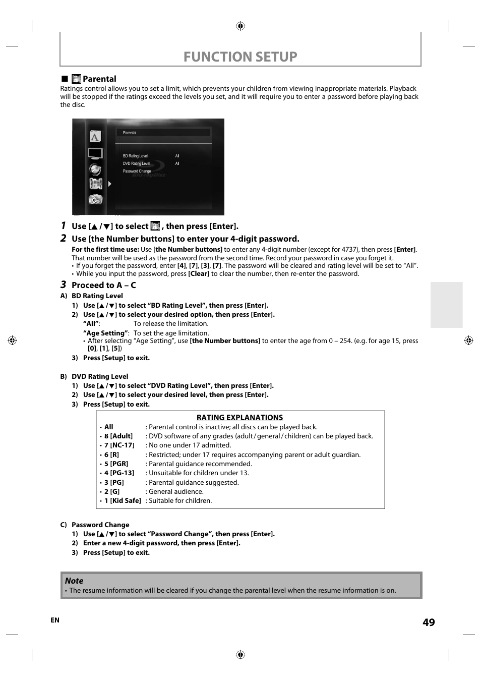Function setup | Integra E5SF1UD User Manual | Page 49 / 64