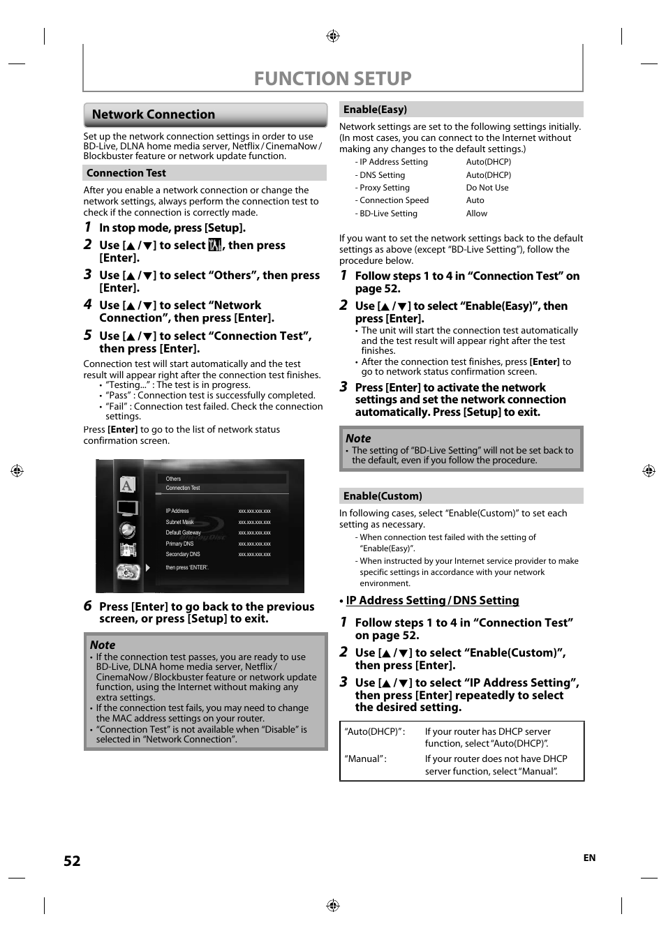 Network connection, Function setup | Integra E5SF1UD User Manual | Page 52 / 64