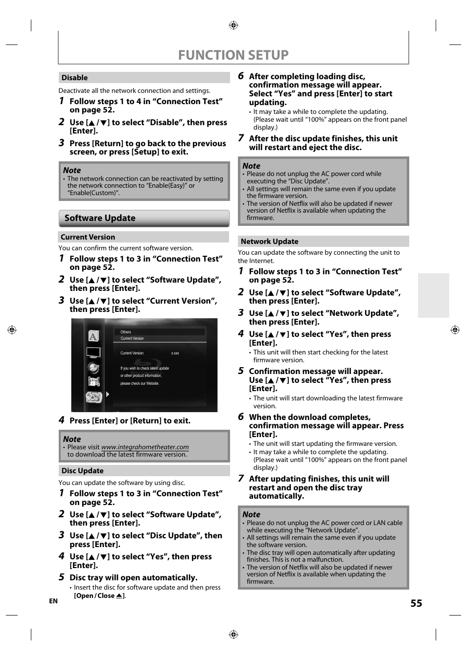 Software update, Function setup | Integra E5SF1UD User Manual | Page 55 / 64