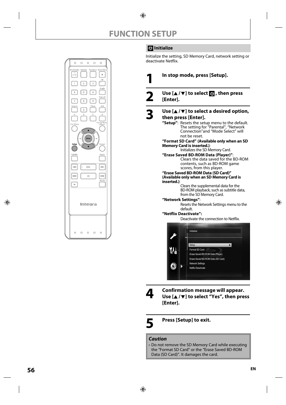 Function setup | Integra E5SF1UD User Manual | Page 56 / 64
