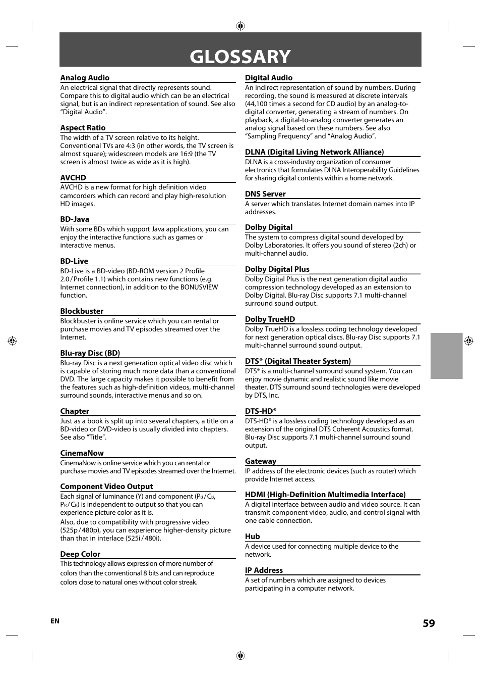 Glossary | Integra E5SF1UD User Manual | Page 59 / 64