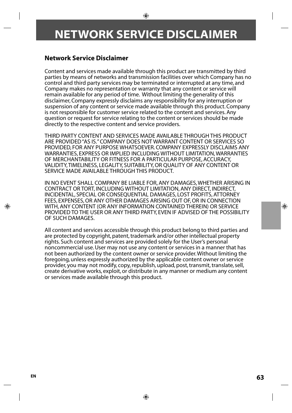 Network service disclaimer | Integra E5SF1UD User Manual | Page 63 / 64