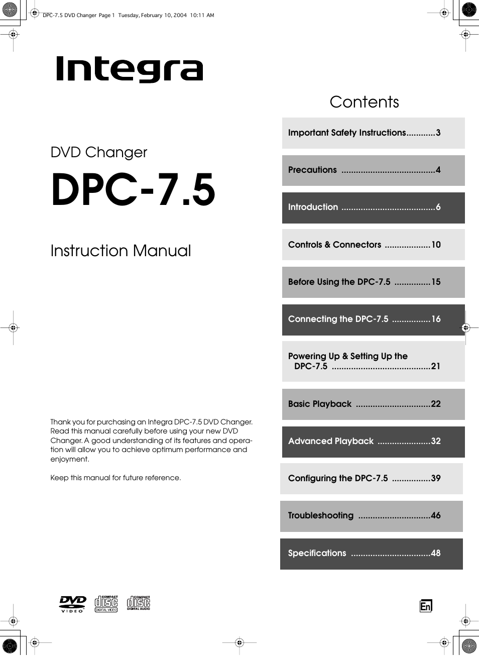 Integra DPC-7.5 User Manual | 48 pages