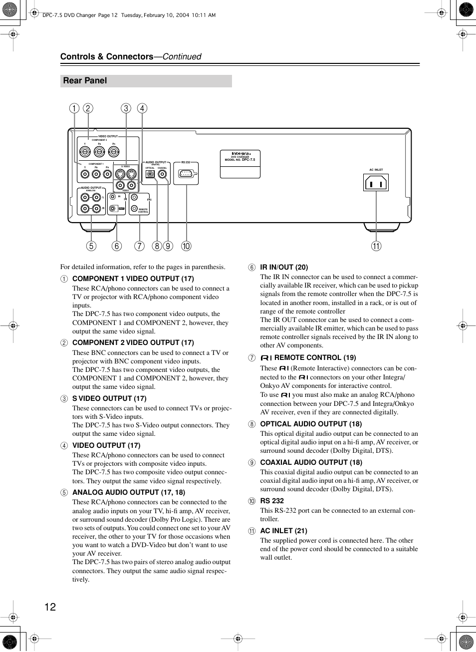 Controls & connectors —continued, Rear panel | Integra DPC-7.5 User Manual | Page 12 / 48