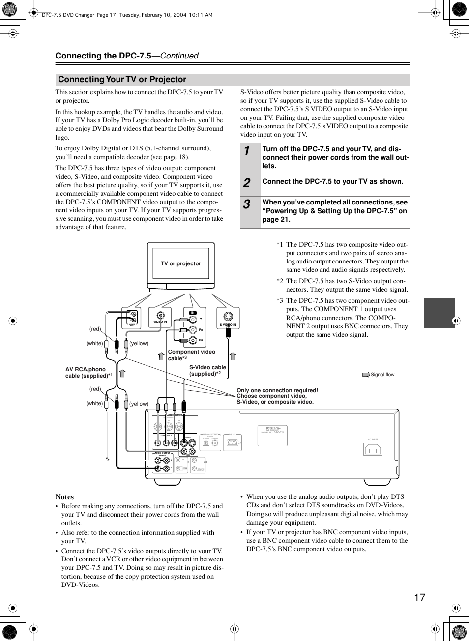 Connecting the dpc-7.5 —continued, Connecting your tv or projector, Connect the dpc-7.5 to your tv as shown | Integra DPC-7.5 User Manual | Page 17 / 48