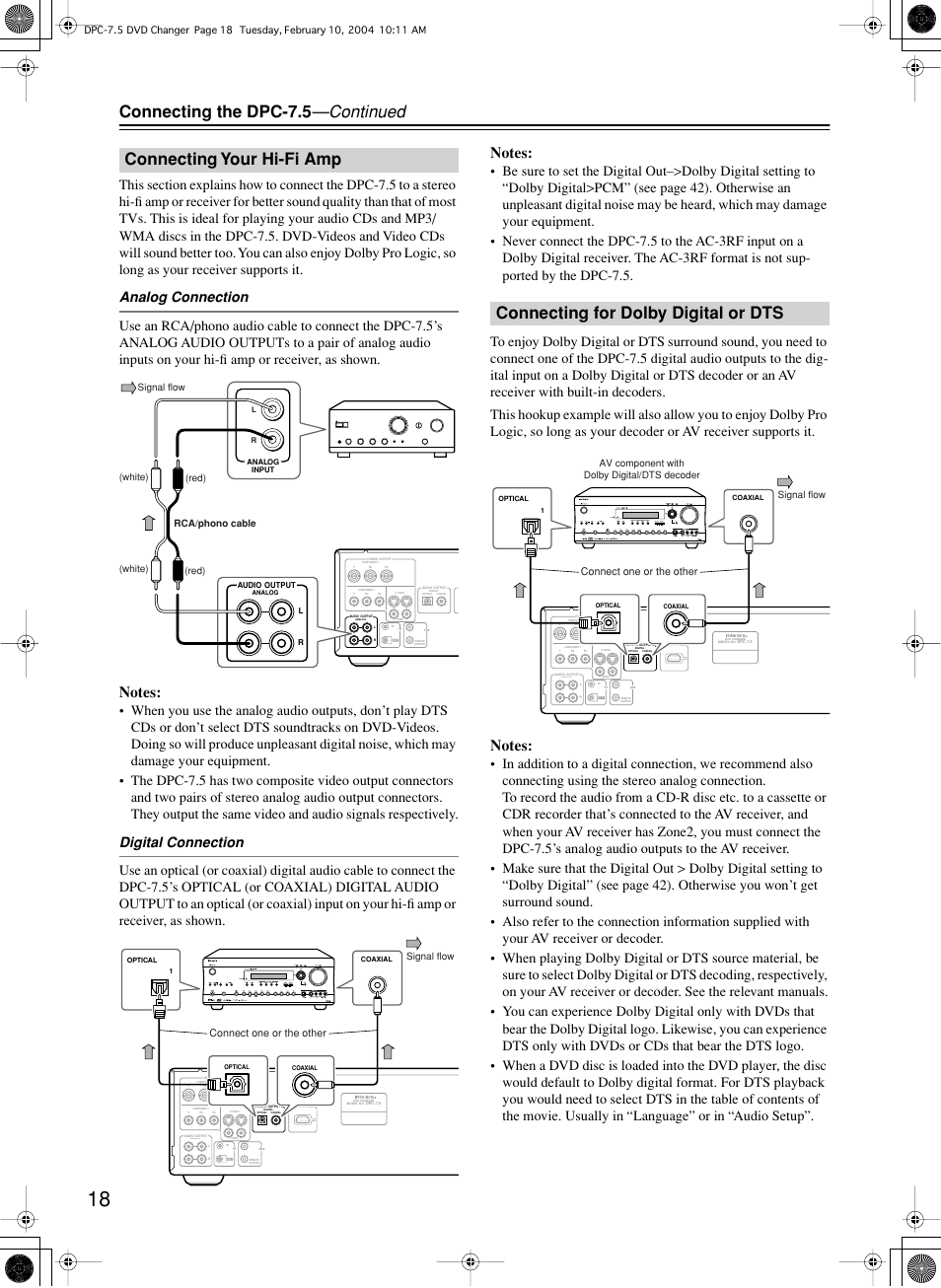 Connecting the dpc-7.5 —continued, Connecting your hi-fi amp, Connecting for dolby digital or dts | Integra DPC-7.5 User Manual | Page 18 / 48