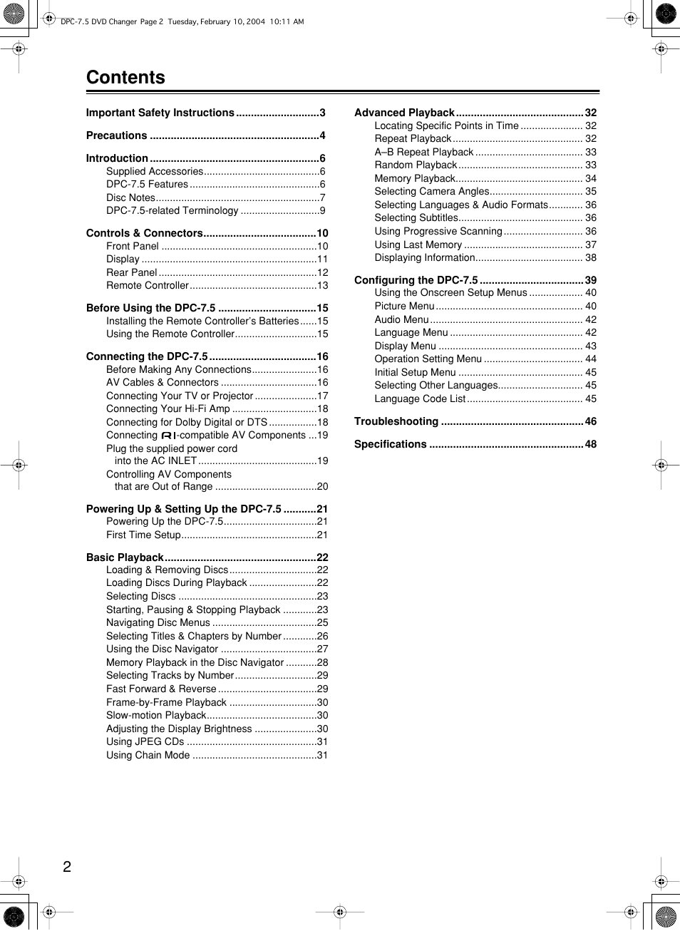 Integra DPC-7.5 User Manual | Page 2 / 48