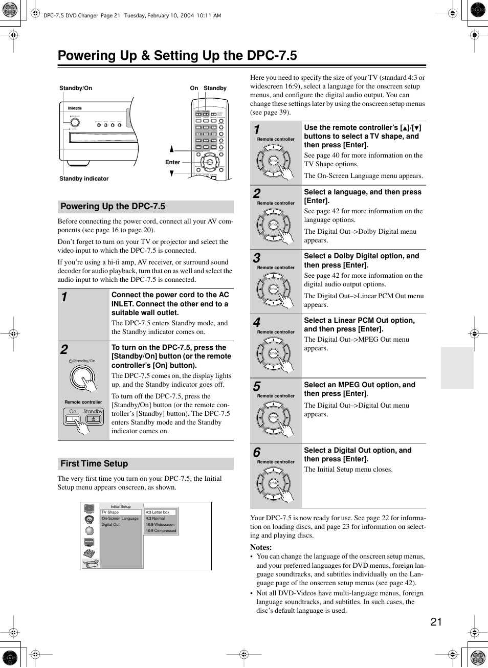 Powering up & setting up the dpc-7.5, Powering up the dpc-7.5, First time setup | Integra DPC-7.5 User Manual | Page 21 / 48