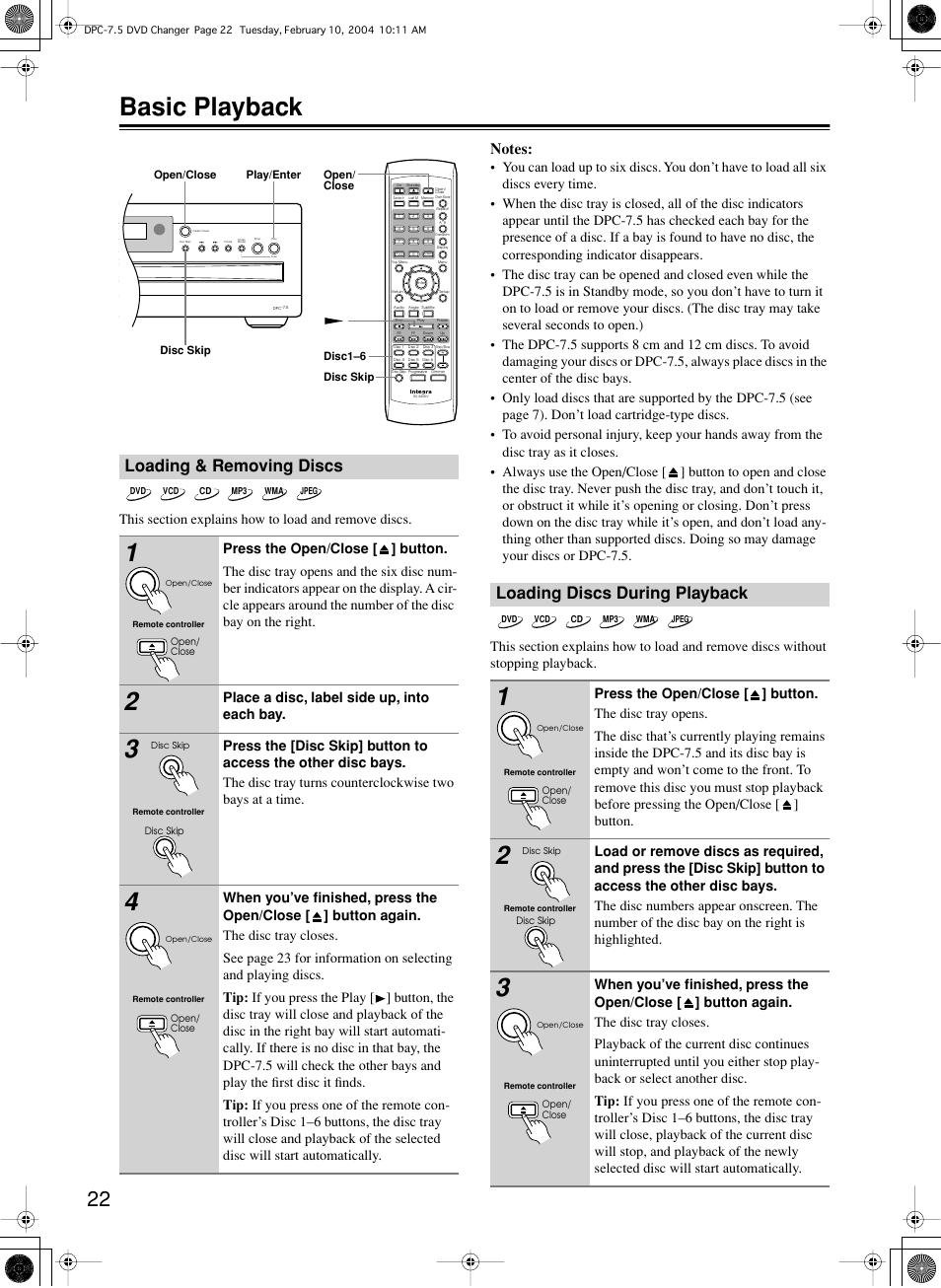 Basic playback, Loading & removing discs, Loading discs during playback | Integra DPC-7.5 User Manual | Page 22 / 48