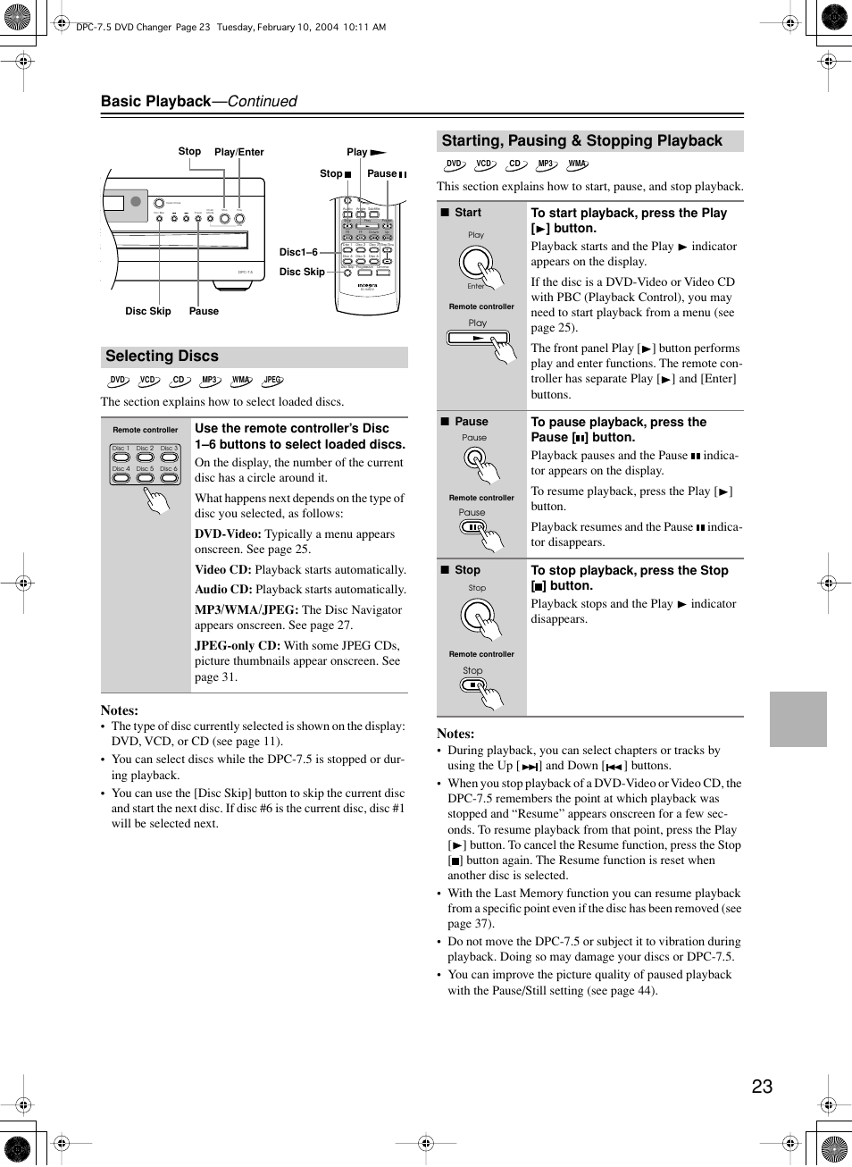 Basic playback —continued, Selecting discs, Starting, pausing & stopping playback | Integra DPC-7.5 User Manual | Page 23 / 48