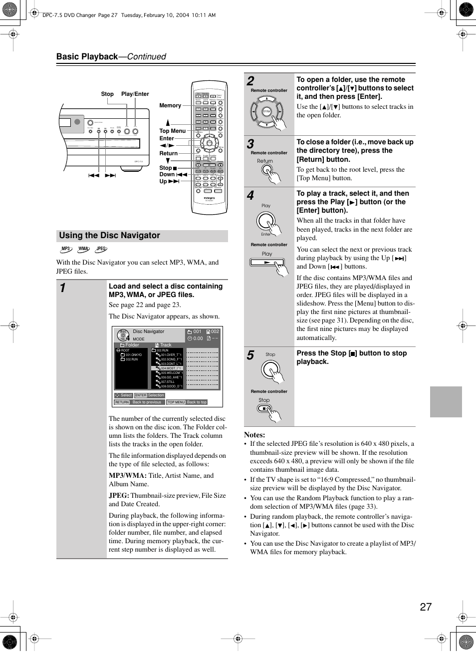 Basic playback —continued, Using the disc navigator, Press the stop [ ] button to stop playback | Integra DPC-7.5 User Manual | Page 27 / 48
