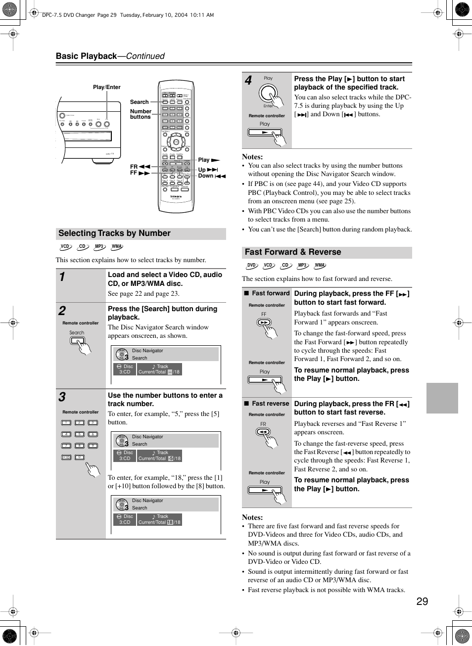 Basic playback —continued, Selecting tracks by number, Fast forward & reverse | Integra DPC-7.5 User Manual | Page 29 / 48