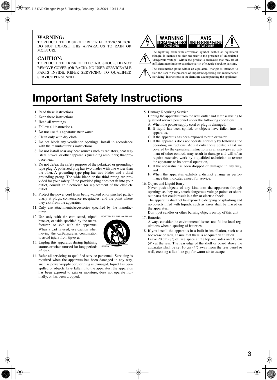 Important safety instructions, Warning, Caution | Avis | Integra DPC-7.5 User Manual | Page 3 / 48