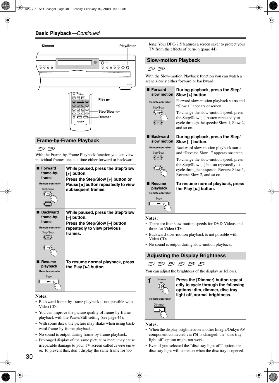 Basic playback —continued, Frame-by-frame playback, Slow-motion playback | Adjusting the display brightness | Integra DPC-7.5 User Manual | Page 30 / 48