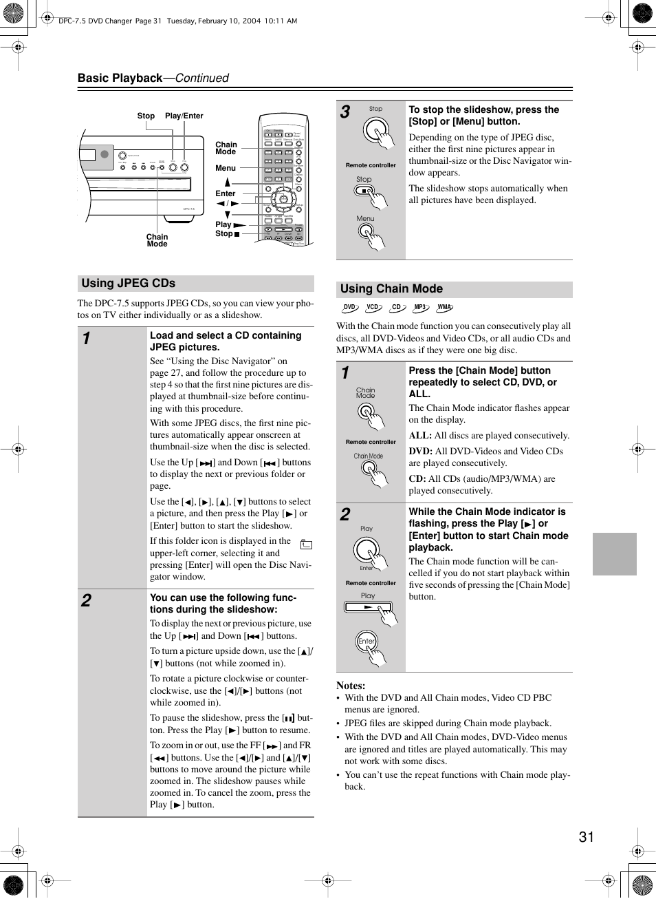 Basic playback —continued, Using jpeg cds, Using chain mode | Integra DPC-7.5 User Manual | Page 31 / 48