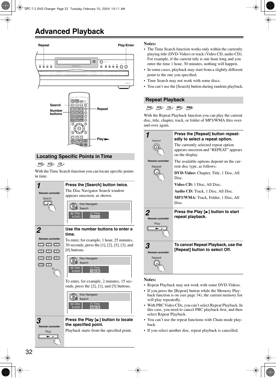 Advanced playback, Locating specific points in time, Repeat playback | Press the play [ ] button to start repeat playback | Integra DPC-7.5 User Manual | Page 32 / 48